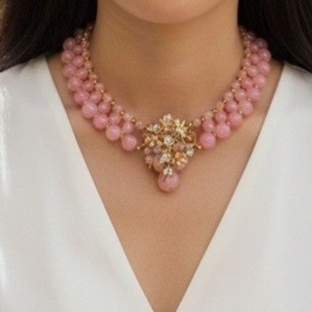 Vintage Pink Beaded Necklace Floral Cluster Gold Tone Haskell Style Hand‎ Wired